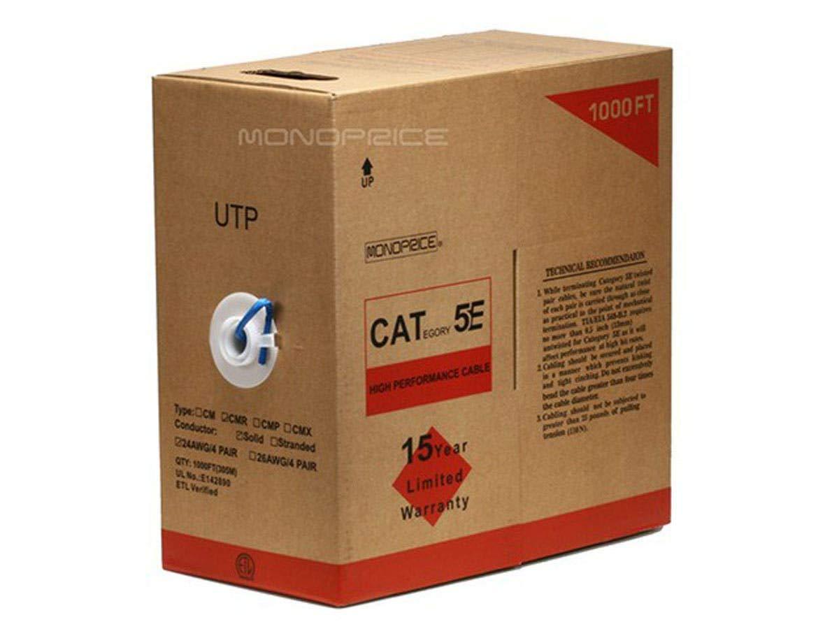 imageMonoprice 1000FT 24AWG Cat5e 350MHz UTP Solid Riser Rated CMR Bulk Ethernet Bare Copper Cable BlueBlue