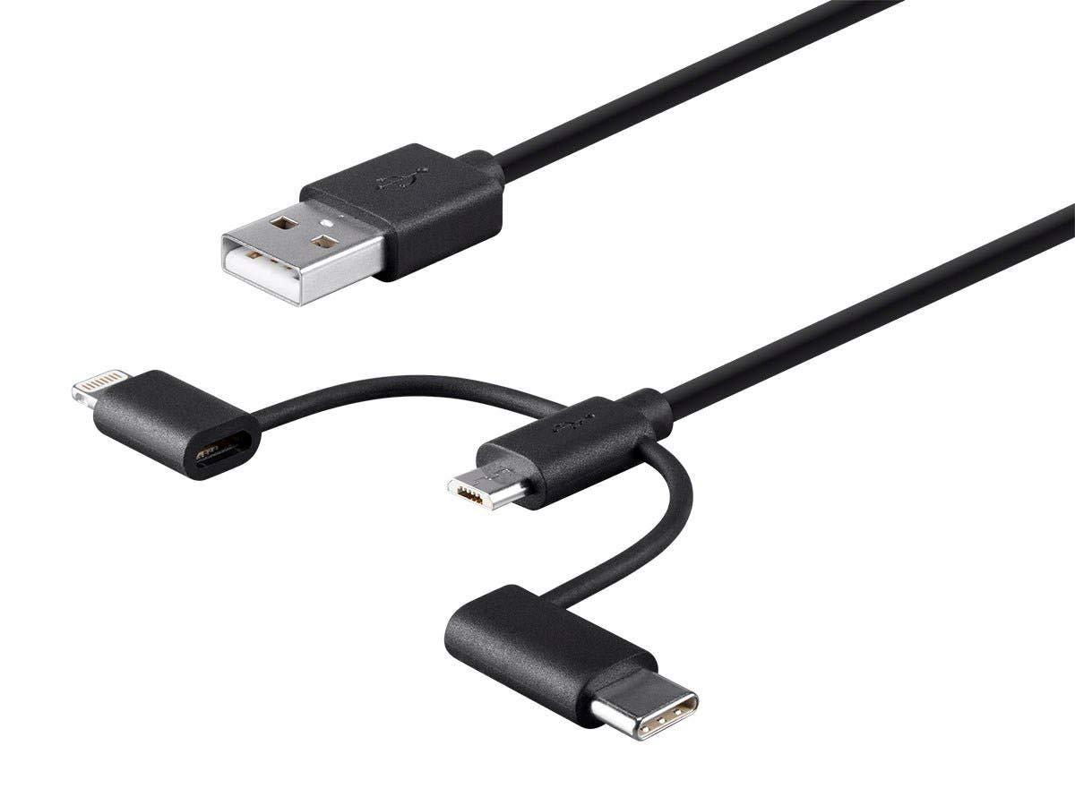 imageMonoprice 118789 Apple MFi Certified USB to Micro USB USB TypeC Lightning Charge And Sync Cable 3 Feet BlackBlack