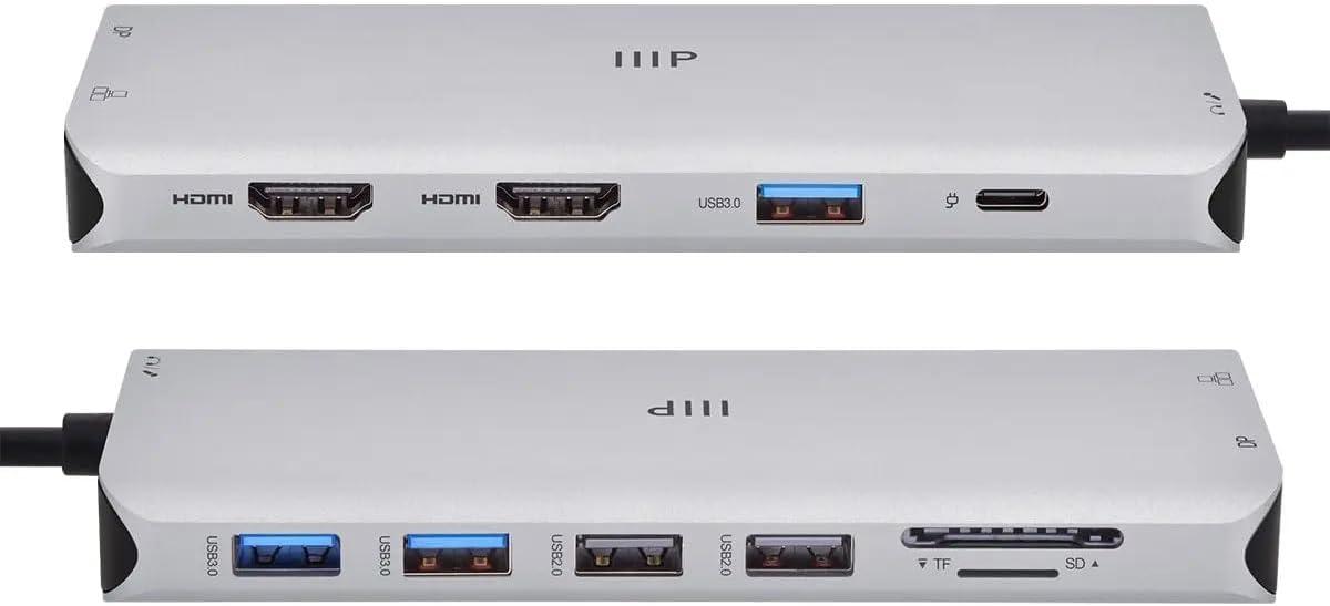 imageMonoprice 13in1 DualHDMI DisplayPort MultiStream Transport MST Triple Monitor Docking Station 4K 5Gbps USB A Ethernet Card Reader 100W PD Silver