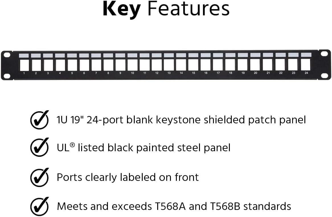 imageMonoprice 24Port Blank Keystone Shielded Network Patch Panel 1U UL Listed with Wire Support Bar TAA T568AB