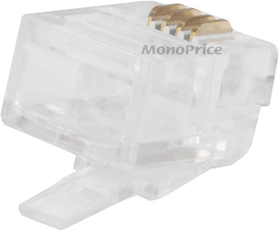 imageMonoprice 6P4C RJ11 Modular Plugs for Round Solid Cable Crimp On 1U 3 Prongs 4 Conductor Clear 50Pack