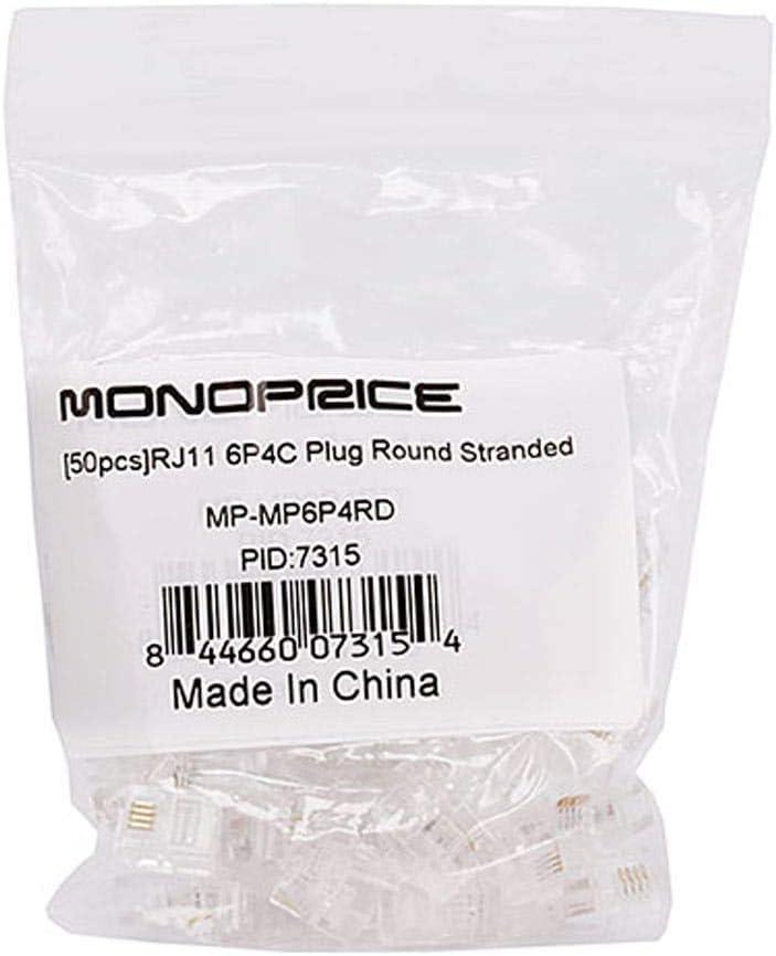 imageMonoprice 6P4C RJ11 Modular Plugs for Round Solid Cable Crimp On 1U 3 Prongs 4 Conductor Clear 50Pack