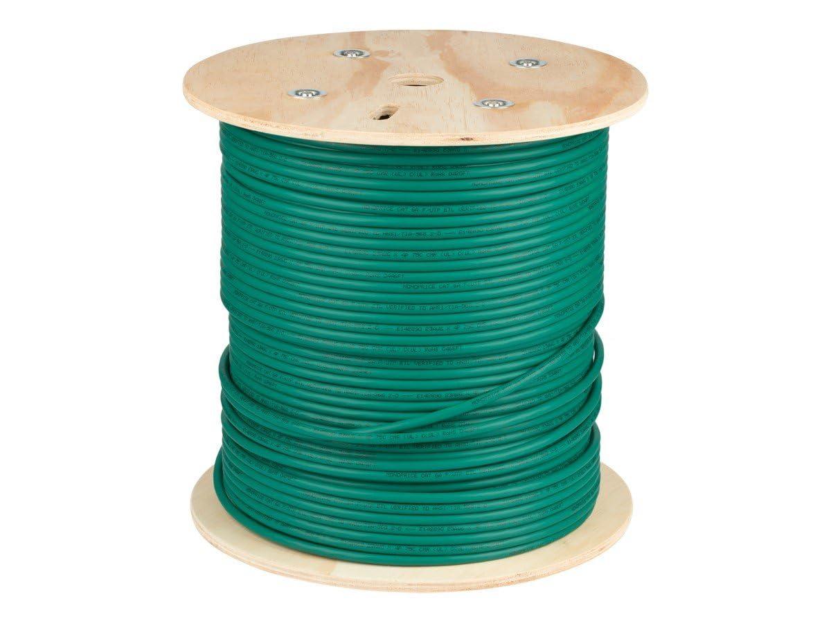 imageMonoprice Cat6A Ethernet Bulk Cable Solid 550Mhz FUTP CMR Riser Rated Pure Bare Copper Wire 10G 23AWG No Logo UL TAA 500 Feet BlackGreen