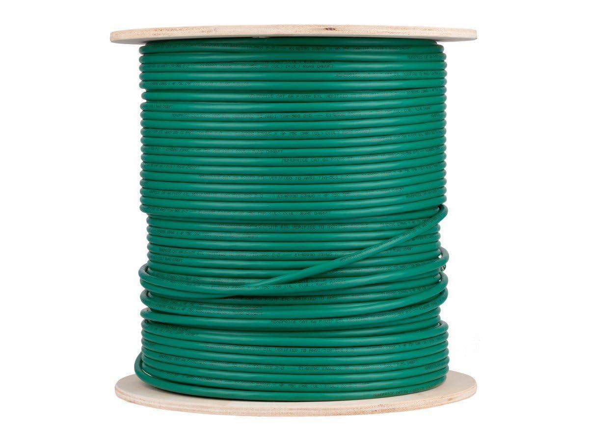 imageMonoprice Cat6A Ethernet Bulk Cable Solid 550Mhz FUTP CMR Riser Rated Pure Bare Copper Wire 10G 23AWG No Logo UL TAA 500 Feet BlackGreen