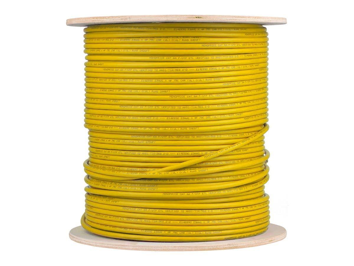imageMonoprice Cat6A Ethernet Bulk Cable Solid 550Mhz FUTP CMR Riser Rated Pure Bare Copper Wire 10G 23AWG No Logo UL TAA 500 Feet BlackYellow