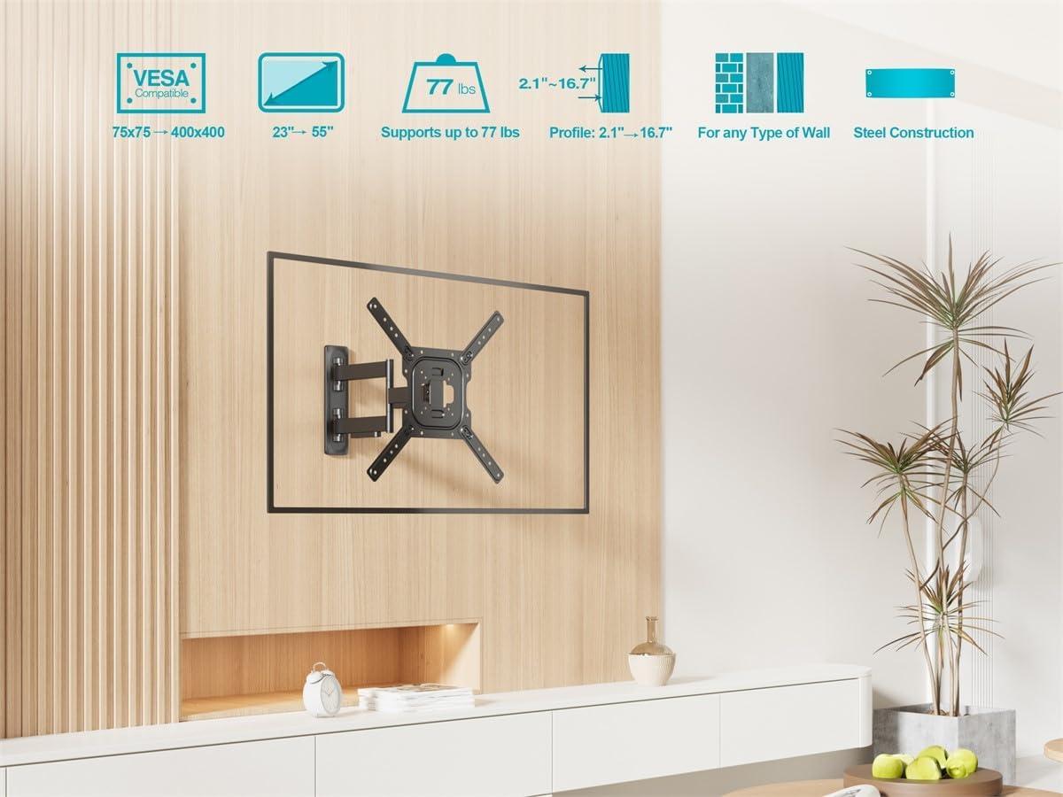 imageMonoprice Full Motion SingleStud TV Wall Mount Bracket For 23quot To 60quot TVs up to 77lbs Max VESA 400x400 Works with Concrete Brick and Wooden Studs