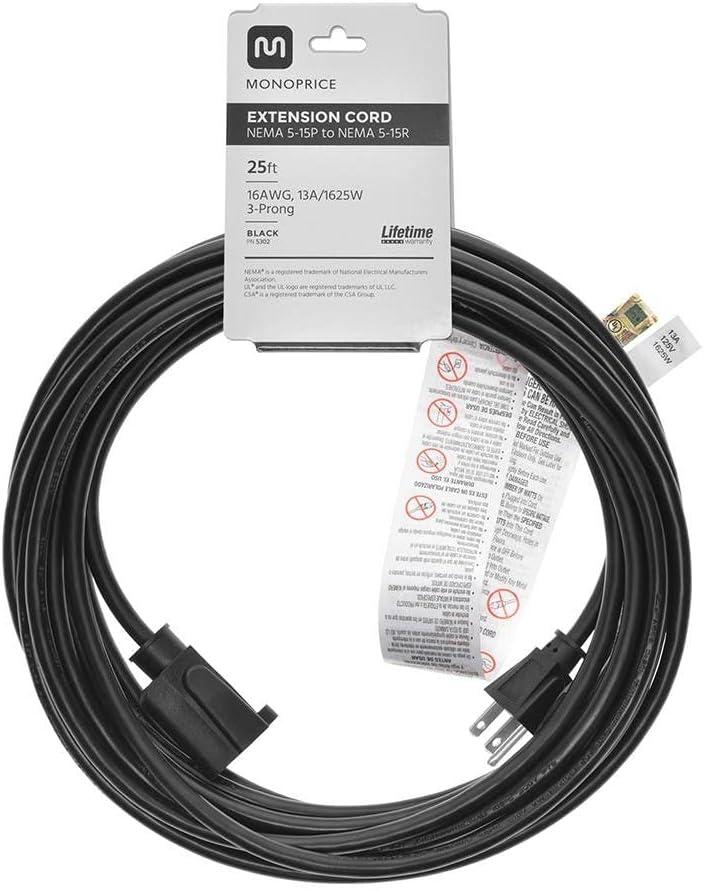 imageMonoprice Power Extension Cord 3 Prong 13 Amp 1625 Volt NEMA 515P to NEMA 515R 2 Feet 16AWG Black25 Feet