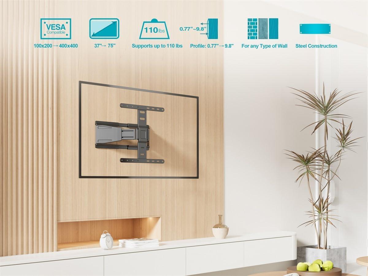 imageMonoprice UltraSlim FullMotion Articulating TV Wall Mount Bracket For 40quot 75quot TVs Max Weight 66lbs VESA Up to 200x200 Concrete ampamp Brick Compatible Black